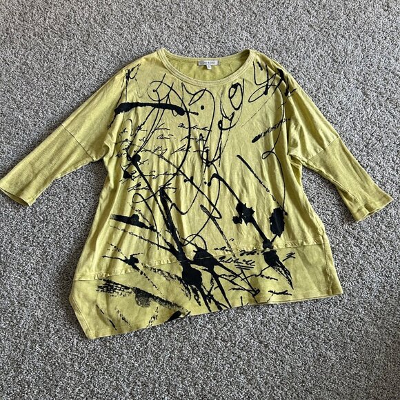 Jess & Jane Womens XL Tunic Top Yellow Abstract Print 3/4 Sleeves USA Made - Picture 10 of 10